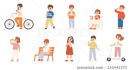 Kids drink beverages. Dinner or lunch time, feel thirsty. Little children drinking water and juice, milk and lemonade. Toddlers snugly vector characters 110343372