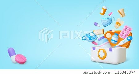 Medical 3d concept. First aid box with different health support elements. Ambulance, hospital or emergency equipment. Pithy realistic vector scene 110343374