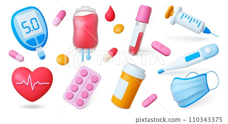 Medicine 3d elements. Pills, test tube with blood, heart and diabetic tool. Hospital or ambulance plasticine realistic icons, pithy vector clipart Medicine 3d elements. Pills, test tube with blood, heart and diabetic tool. Hospital or ambulance plasticine realistic icons, pithy vector clipart 110343375