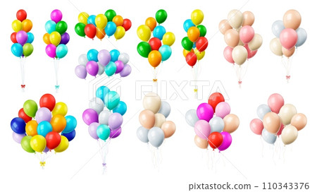 Colourful realistic isolated balloons bunches. Balloon with ribbon and bow, decorative party elements. Birthday, anniversary, graduation pithy vector decor Colourful realistic isolated balloons bunches. Balloon with ribbon and bow, decorative party elements. Birthday, anniversary, graduation pithy vector decor 110343376