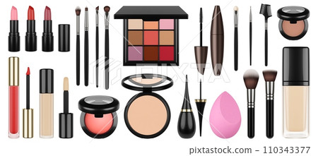 Cosmetics and brushes. Isolated realistic make up tools and products, brushes, toner and mascara. Eye shadow box and lipstick, concealer pithy vector set Cosmetics and brushes. Isolated realistic make up tools and products, brushes, toner and mascara. Eye shadow box and lipstick, concealer pithy vector set 110343377