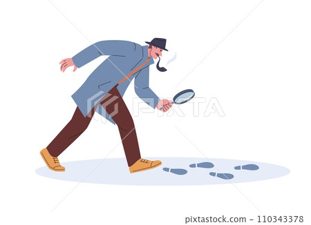 Private detective looking footprints through magnifying glass. Agent follow to evidence, police investigator working, cartoon kicky vector scene Private detective looking footprints through magnifying glass. Agent follow to evidence, police investigator working, cartoon kicky vector scene 110343378