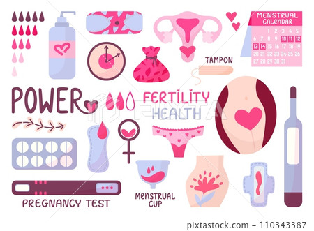 Female period calendar and hygiene elements. Gynecology and fertility, clock of woman health. Menstruation, decorative menstrual neoteric vector set Female period calendar and hygiene elements. Gynecology and fertility, clock of woman health. Menstruation, decorative menstrual neoteric vector set 110343387
