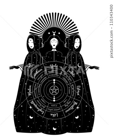 Mystical triple goddess, priestesses in wheel of the Year is an annual cycle of seasonal festivals. Wiccan calendar and holidays. Gothic Witch wiccan female sacred design. Vector isolated on white Mystical triple goddess, priestesses in wheel of the Year is an annual cycle of seasonal festivals. Wiccan calendar and holidays. Gothic Witch wiccan female sacred design. Vector isolated on white 110343400