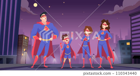 Superhero background. Family heroes with big power save the world exact vector cartoon illustration 110343440