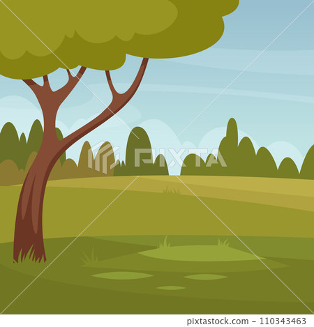 Forest glade. Green outdoor landscape in woods. Vector illustration in cartoon style Forest glade. Green outdoor landscape in woods. Vector illustration in cartoon style 110343463