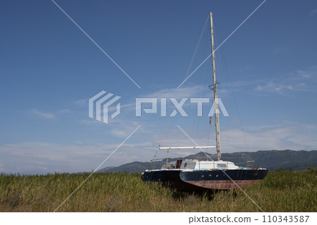 Field with an abandoned yacht, Roda, Corfu 110343587