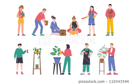 People care home plants. Watering and grow greenery, modern gardening hobby for adults and teens. Biologists, gardeners splendid vector characters 110343594