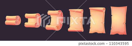 Old paper scroll open process. Ancient manuscript, document or letter. Blank base for treasure map with torn edges. Vintage parchment nowaday vector clipart 110343595
