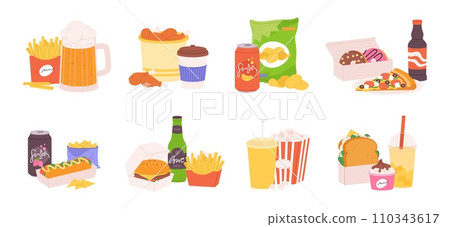 Football fan food. Fast meals, burgers and french fries, popcorn, pizza and soft drinks. Sandwich and ice cream, chips and beer, racy vector set Football fan food. Fast meals, burgers and french fries, popcorn, pizza and soft drinks. Sandwich and ice cream, chips and beer, racy vector set 110343617