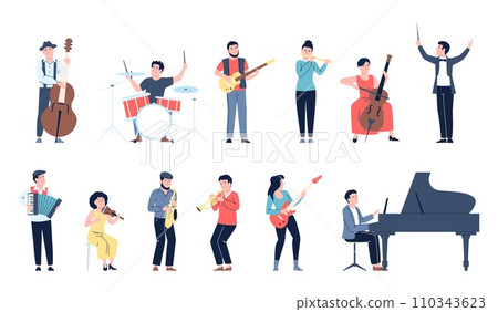 Musicians characters. Musician play at guitar, piano and violin. Classic and modern musical instruments, orchestra and band recent vector set 110343623