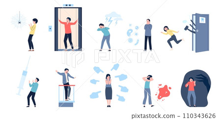 Human phobias. People have different scares, claustrophobia, arachnophobia. Adults afraid doctors and lightnings, blood and dark, recent vector set 110343626