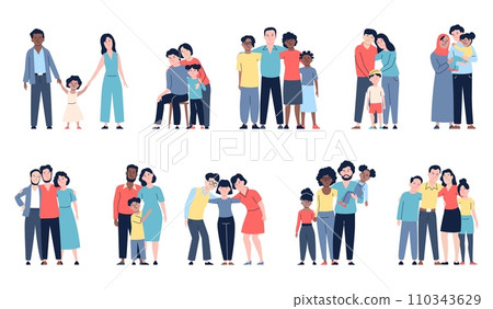 Multiracial traditional families. Heterosexual flat parents and children, various ages men and women. Love relationships, happy recent vector characters 110343629
