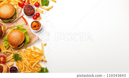 AI-generated content. Top view of unhealthy fast food full of carbohydrates and fat, chips, hamburgers and cheeseburgers, sauces on white background with space for text 110343643