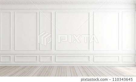 AI-generated content. Empty white panelling wall background, classical design, with light colored floors. Mock up 110343645