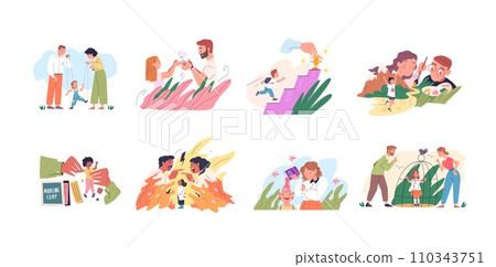 Parental influence. Parents children communicating problem, child personality development upbringing models parenting childcare love knowledge attachment classy vector illustration 110343751