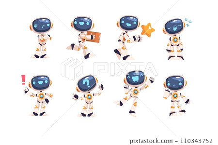 Bots mascot. Chatbot service characters, personal assistant robots with digital screen, cute android bot game stickers set computer ai technology cartoon classy vector illustration Bots mascot. Chatbot service characters, personal assistant robots with digital screen, cute android bot game stickers set computer ai technology cartoon classy vector illustration 110343752