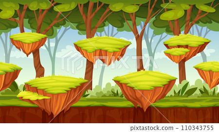 Videogame landscape. 2d video game forest background, arcade play gaming level scene with ground platforms and trees computer backdrop screen, cartoon neoteric vector illustration 110343755