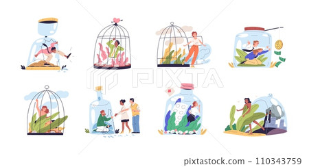 People in cage. Alone sad girl stuck birdcage, personal prison escape mental freedom independence, release prisoner abuse control or trafficking concept classy vector illustration 110343759