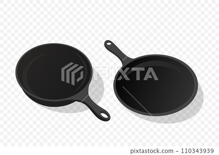 Vector Flat Black Frying Pan Icon Set Isolated. Front, Top View 110343939