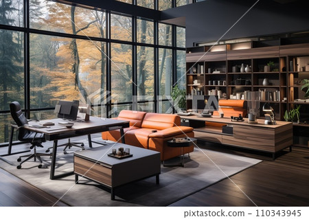 Office with a spacious desk adorned with minimal decor, atmosphere of orderly productivity 110343945