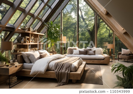 Tranquil bedroom retreat designed with sustainability in mind. Green potted plants, light, natural hues for the walls 110343999