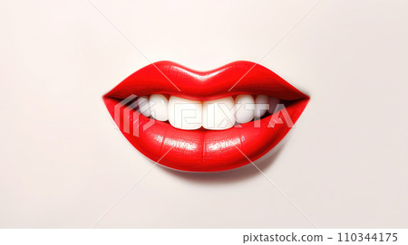 3D realistic smiling glossy red lips on white. cosmetic, fashion, and romantic designs. Open mouth with teeth, lipstick promotion. 110344175