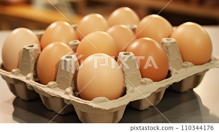 AI-generated content. A gold eggs lie in a cardboard package on the table 110344176