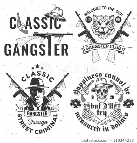 Set of gangster club badge design. Vector illustration. Vintage monochrome label, sticker, patch with gangster, submachine gun and tiger gangster skull silhouettes. Set of gangster club badge design. Vector illustration. Vintage monochrome label, sticker, patch with gangster, submachine gun and tiger gangster skull silhouettes. 110344238