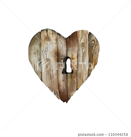 The watercolor illustration is a stylized wooden heart with a keyhole. It can be used to design Valentine's day cards. isolated on a white background The watercolor illustration is a stylized wooden heart with a keyhole. It can be used to design Valentine's day cards. isolated on a white background 110344258