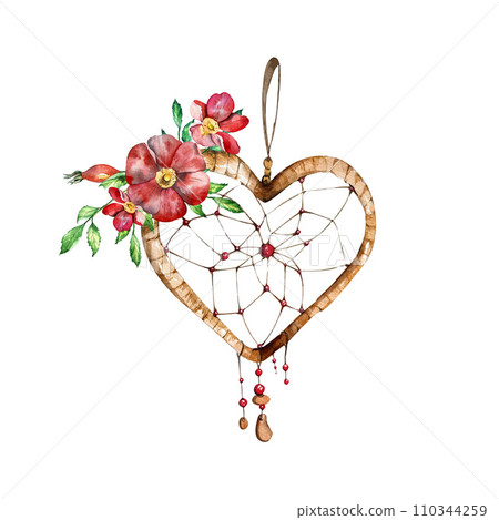 watercolor composition of a dreamcatcher in the form of a heart and rosehip flowers. handmade work. isolated on a white background. suitable for decorating Valentine's Day greeting cards watercolor composition of a dreamcatcher in the form of a heart and rosehip flowers. handmade work. isolated on a white background. suitable for decorating Valentine's Day greeting cards 110344259