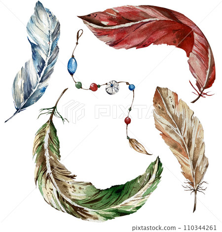 watercolor set of bright feathers and bears. handmade work. isolated on a white background. blue, red, green and brown feathers. for your design watercolor set of bright feathers and bears. handmade work. isolated on a white background. blue, red, green and brown feathers. for your design 110344261