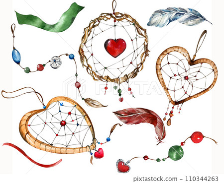 collection of handmade watercolor dream catchers in the form of hearts. dream catchers, beads, feathers, ribbons. it is suitable for decorating greeting cards for Valentine's day.on a white background 110344263