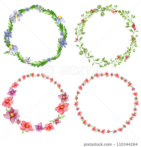 set of four floral watercolor wreaths. bright, light, summer, wildflowers. isolated on a white background. for the design of postcards, promotional products, invitations set of four floral watercolor wreaths. bright, light, summer, wildflowers. isolated on a white background. for the design of postcards, promotional products, invitations 110344264
