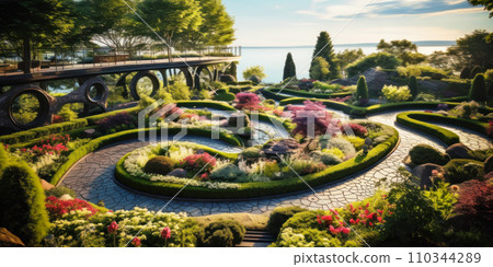 Winding tiled path in upscale landscaped home garden in summer, luxury design of house backyard. Flowers, terrace and green plants at yard or park. Concept of landscaping, nature Winding tiled path in upscale landscaped home garden in summer, luxury design of house backyard. Flowers, terrace and green plants at yard or park. Concept of landscaping, nature 110344289