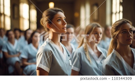 AI-generated content. Multiracial group of medical students using computer while studying in lecture hall. Neural network AI generated art 110344309