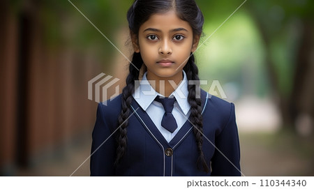AI-generated content. Portrait of happy indian girl with school bag standing outdoor. Neural network AI generated art 110344340