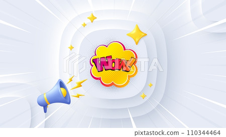 Wow comic bubble banner. Neumorphic offer 3d banner, poster. Discount sticker shape. Sale coupon icon. Wow bubble promo event background. Sunburst banner, flyer or coupon. Vector 110344464