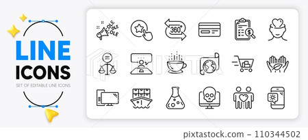Loyalty star, Credit card and Cyber attack line icons set for app include Ole chant, Chemistry lab, Computer outline thin icon. Ethics, Accounting report, Fair trade pictogram icon. Vector 110344502