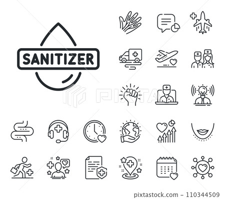 Sanitary cleaning sign. Online doctor, patient and medicine outline icons. Hand sanitizer line icon. Washing hands symbol. Hand sanitizer line sign. Veins, nerves and cosmetic procedure icon. Vector Sanitary cleaning sign. Online doctor, patient and medicine outline icons. Hand sanitizer line icon. Washing hands symbol. Hand sanitizer line sign. Veins, nerves and cosmetic procedure icon. Vector 110344509