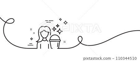 Cleaning service line icon. Continuous one line with curl. Woman with Bucket symbol. Washing Housekeeping equipment sign. Cleaning single outline ribbon. Loop curve pattern. Vector Cleaning service line icon. Continuous one line with curl. Woman with Bucket symbol. Washing Housekeeping equipment sign. Cleaning single outline ribbon. Loop curve pattern. Vector 110344510