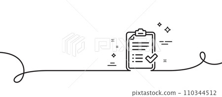 Approved checklist line icon. Continuous one line with curl. Accepted or confirmed sign. Report symbol. Approved checklist single outline ribbon. Loop curve pattern. Vector Approved checklist line icon. Continuous one line with curl. Accepted or confirmed sign. Report symbol. Approved checklist single outline ribbon. Loop curve pattern. Vector 110344512