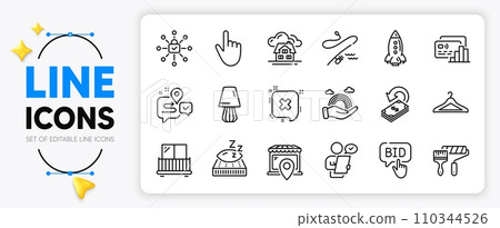 Bid offer, Fishing rod and Table lamp line icons set for app include Cloakroom, Market location, Building outline thin icon. Security lock, Paint roller, Customer survey pictogram icon. Vector Bid offer, Fishing rod and Table lamp line icons set for app include Cloakroom, Market location, Building outline thin icon. Security lock, Paint roller, Customer survey pictogram icon. Vector 110344526