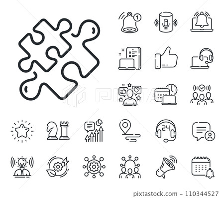 Jigsaw game challenge sign. Place location, technology and smart speaker outline icons. Puzzle pieces line icon. Business solution symbol. Puzzle line sign. Influencer, brand ambassador icon. Vector Jigsaw game challenge sign. Place location, technology and smart speaker outline icons. Puzzle pieces line icon. Business solution symbol. Puzzle line sign. Influencer, brand ambassador icon. Vector 110344527