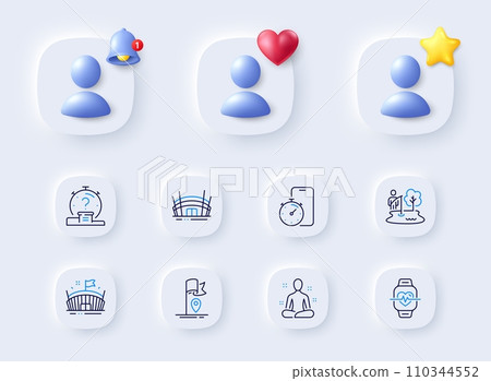 Quiz, Flag and Arena stadium line icons. Placeholder with 3d bell, star, heart. Pack of Cardio training, Yoga, Timer app icon. Arena, Fishing place pictogram. For web app, printing. Vector 110344552
