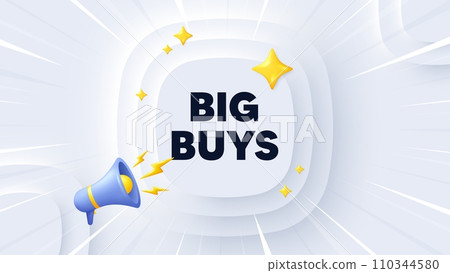 Big buys tag. Neumorphic banner with sunburst. Special offer price sign. Advertising discounts symbol. Big buys message. Banner with 3d megaphone. Circular neumorphic template. Vector Big buys tag. Neumorphic banner with sunburst. Special offer price sign. Advertising discounts symbol. Big buys message. Banner with 3d megaphone. Circular neumorphic template. Vector 110344580