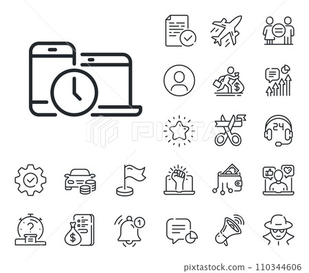 Clock sign. Salaryman, gender equality and alert bell outline icons. Time management line icon. Mobile devices symbol. Time management line sign. Spy or profile placeholder icon. Vector Clock sign. Salaryman, gender equality and alert bell outline icons. Time management line icon. Mobile devices symbol. Time management line sign. Spy or profile placeholder icon. Vector 110344606