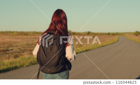 girl traveling with backpack sunset, family sun, hiking girl asphalt road, happy drunken life, walking against backdrop beautiful sunrise, summer long walk sunset, hiking green forest, woman girl girl traveling with backpack sunset, family sun, hiking girl asphalt road, happy drunken life, walking against backdrop beautiful sunrise, summer long walk sunset, hiking green forest, woman girl 110344625