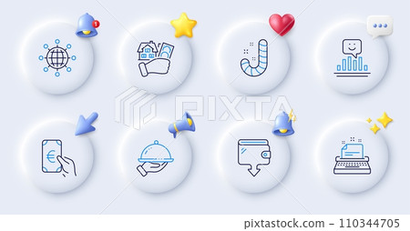 Candy, Finance and Restaurant food line icons. Buttons with 3d bell, chat speech, cursor. Pack of Smile, International globe, Typewriter icon. Wallet, Buying house pictogram. Vector Candy, Finance and Restaurant food line icons. Buttons with 3d bell, chat speech, cursor. Pack of Smile, International globe, Typewriter icon. Wallet, Buying house pictogram. Vector 110344705