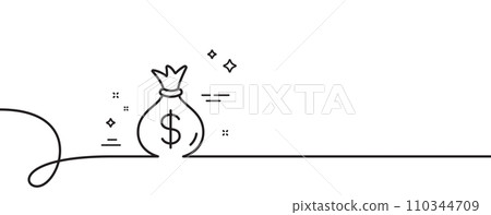 Money bag line icon. Continuous one line with curl. Cash Banking currency sign. Dollar or USD symbol. Money bag single outline ribbon. Loop curve pattern. Vector Money bag line icon. Continuous one line with curl. Cash Banking currency sign. Dollar or USD symbol. Money bag single outline ribbon. Loop curve pattern. Vector 110344709